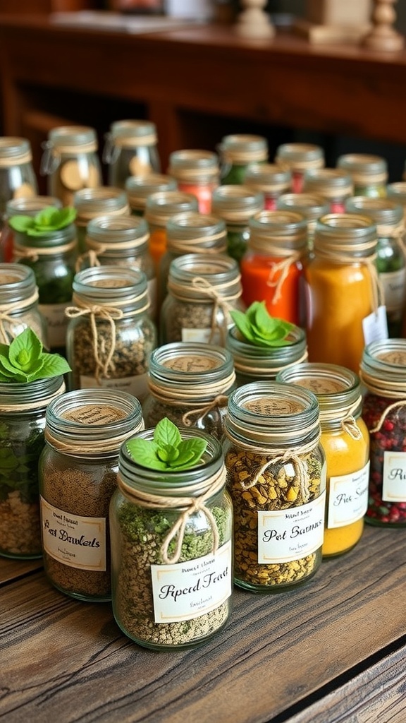 Small glass jars filled with dried herbs and spices, decorated with twine and labels, displayed on a wooden table.
